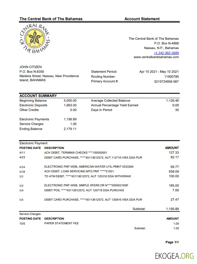 Bahamas Relevé bancaire de la Banque centrale des Bahamas, modèle facile à remplir au format de fichier .xls et .pdf